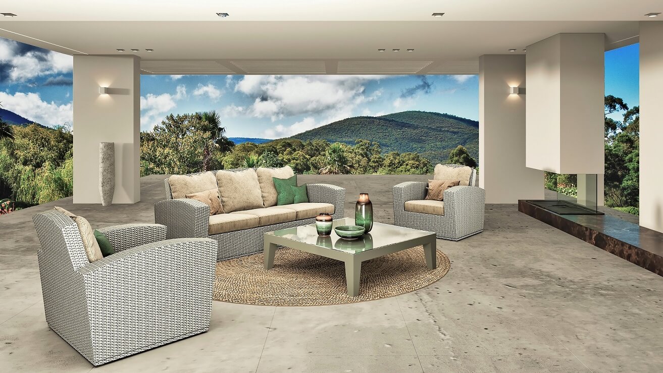 Set of living on a modern porch in a house in Estepona with a mountain background and outdoor fireplace